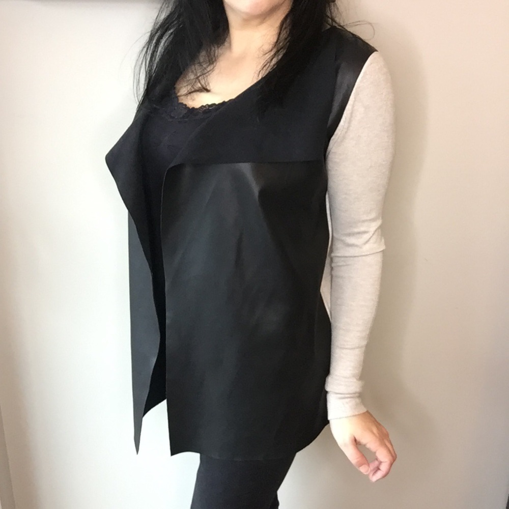 Zara Knit Faux Leather Color Block Waterfall Cardigan – Black & Tan | Size M